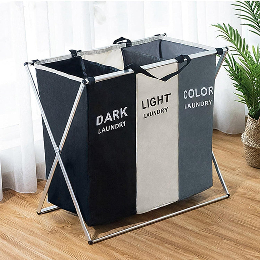Panier à linge sale pliable avec 3 grilles pour séparer les vêtements