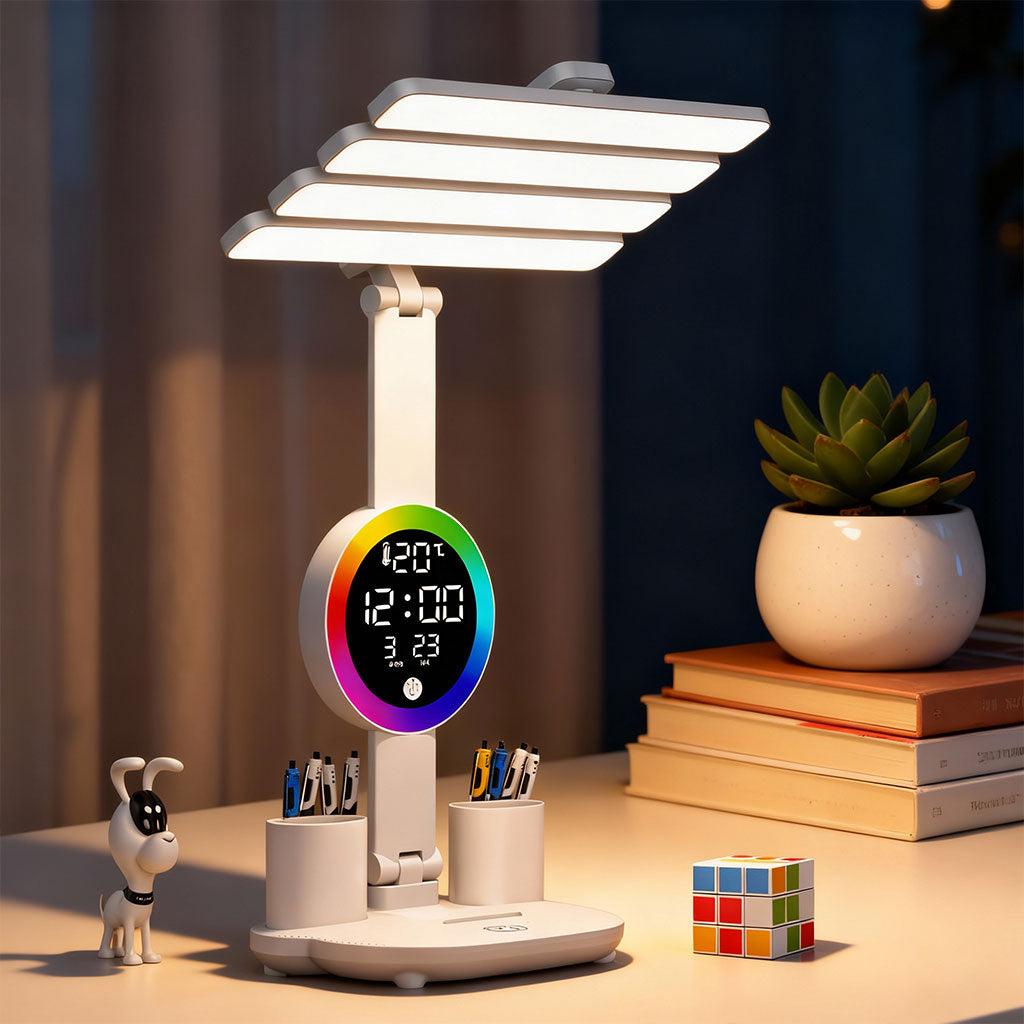 Apportez une touche de modernité à votre espace de travail avec cette lampe de bureau LED ambiante, conçue pour offrir un éclairage doux et efficace. Dotée d’un affichage digital intégré, elle combine fonctionnalité et style pour les étudiants, les profes